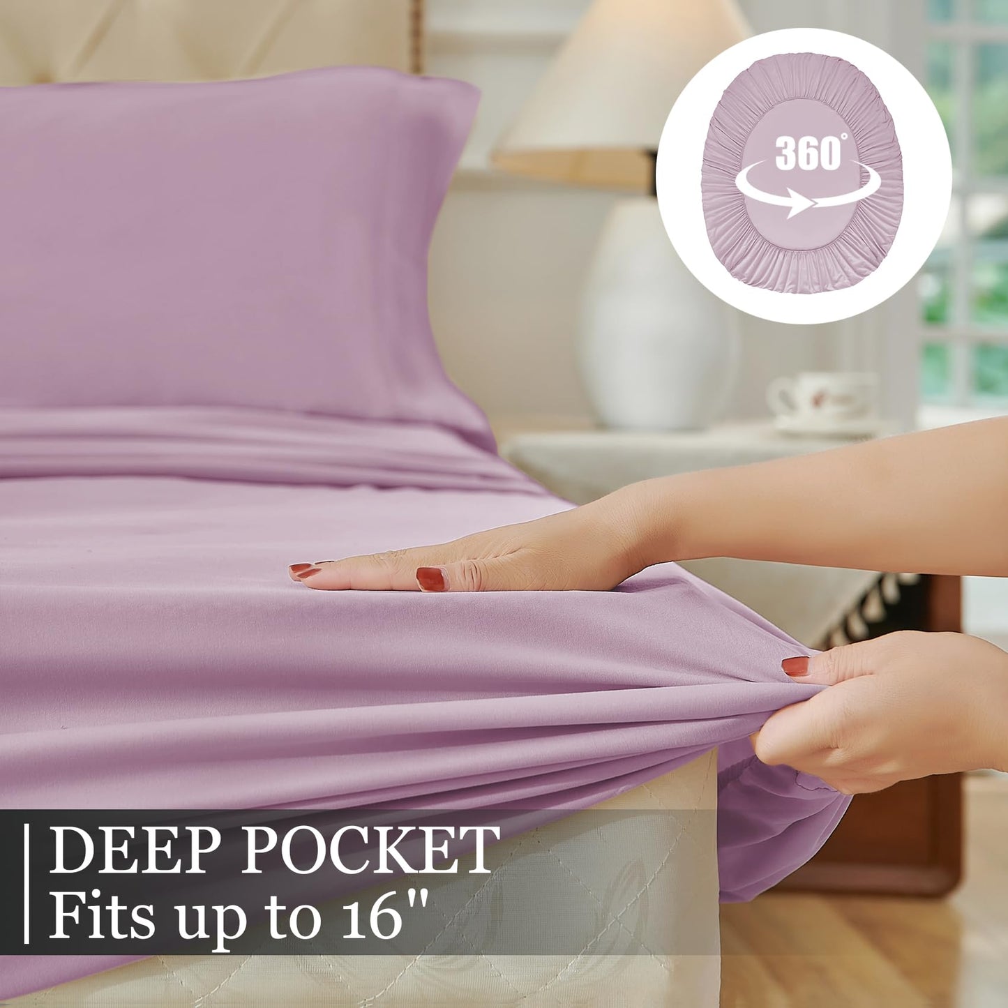 Yibeizi King Size Sheets Set Cooling Deep Pocket Bed Sheet Sets, Lavender Soft Microfiber Oeko-Tex Hypoallergenic Sheets & Pillowcases Wrinkle Free Bedsheets