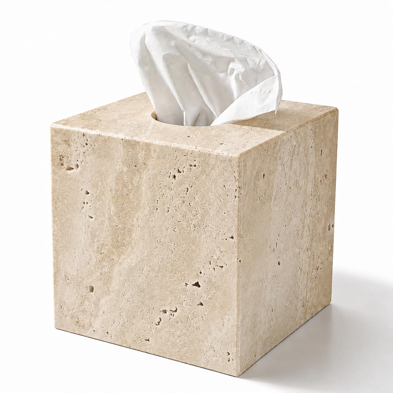 Koville Marble Tissue Box Cover, Heavy Square Tissue Cube Cover Tissue Organizer with Open Bottom for Countertop, Decorative Stone Facial Tissues Boxes Holder for Bathroom Bedroom Kitchen (Beige)