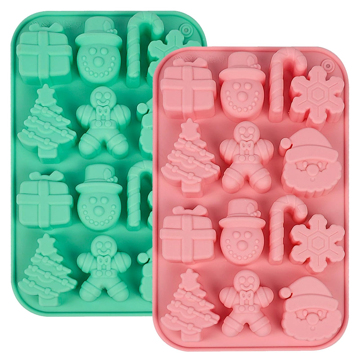 2PCS Christmas Silicone Cake Molds, 3D Christmas Chocolate Candy Molds, Snowflake Gingerbread Xmas Tree Cane Santa Snowman Shapes Baking Molds for DIY Candy Soap Jelly Ice Cube Tray Cake Topper