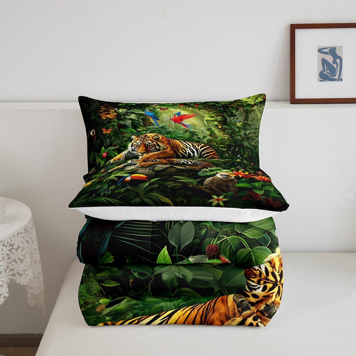 3D Tiger Comforter Set Full Size,Monkey Parrot Wild Animals Bedding Set,Tropical Palm Tree Jungle Quilt Set for Kids Boys Girls Adult Bedroom Decor,Nature Wildlife Theme Duvet Insert,2 Pillowcases