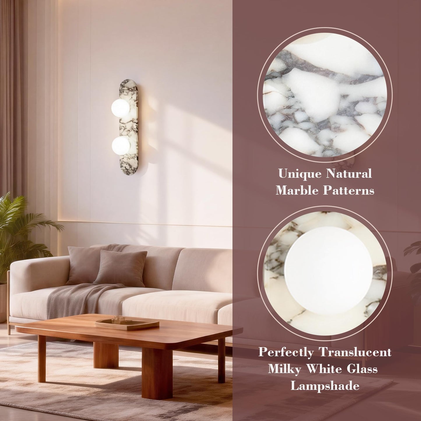SAMAH Natural Marble Wall Sconce, Alabaster Hardwired Wall Light, Elegant Nordic-Style Wall Mount Fixture for Bedroom, Bathroom Vanity, Living Room, Hallway, Staircase, Perfect Housewarming Gifts