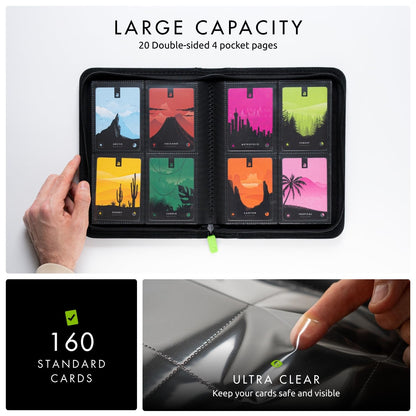 Vault X 4 Pocket Trading Card Zip Binder, 160 Cards, Premium Exo-Tec Album Material, 20 Side-Loading Pages, Folder for Collectible Games, Sports, TCG (Black)