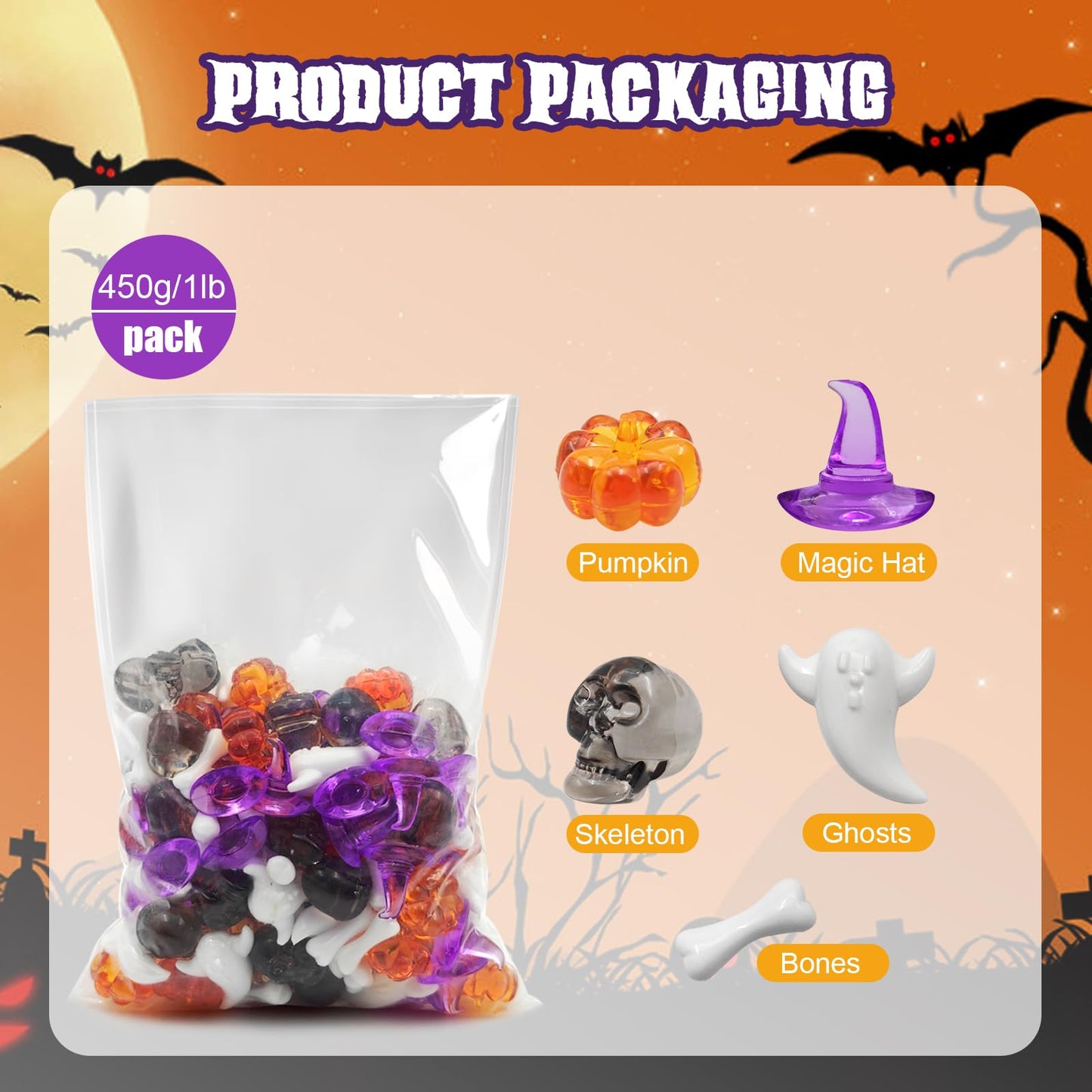 LYFJXX Halloween Vase Filler, Mini Acrylic Pumpkin Ghost Skull Skeleton Witch Hats for Halloween Party Centerpieces Table Scatters 1pound