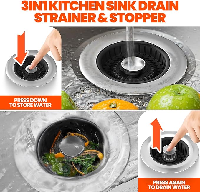 Kitchen Sink Drain Strainer & Sink Stopper, Upgraded Stainless Steel Drain Plug