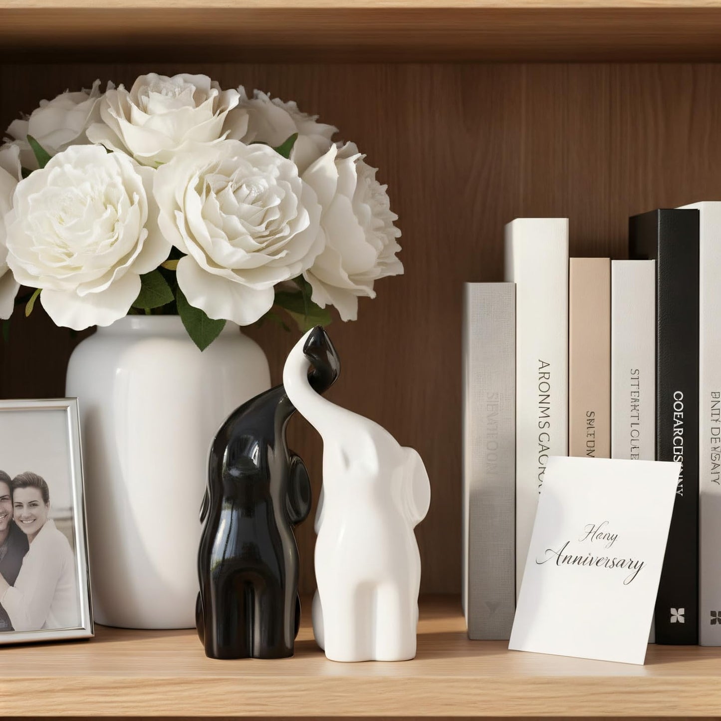 ZFQGEGE Ceramic Elephant Statue Decor - 6" Black & White Elephant Ring Holder Figurines for Living Room, Bedroom, Office Shelf - Valentine's Wedding Gift Ornaments, Anniversary Home Décor Accents