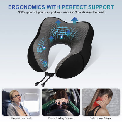 Eono Neck Pillow Memory Foam, Travel Pillow for Neck, Comfortable Neck and Head Support Pillow for Plane Cars Trains Office, Soft Flight Travel Cushion for Sleeping