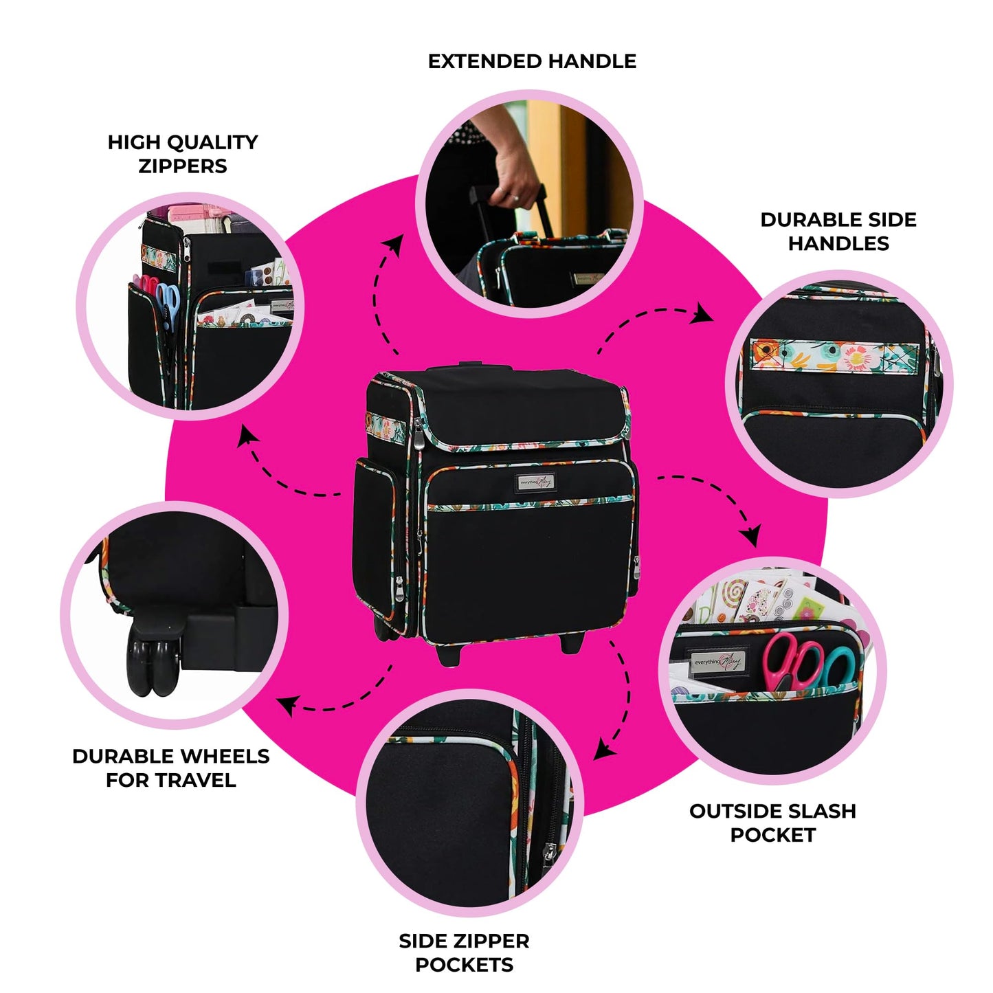 Everything Mary Wheeled Scrapbook Tote for Scrapbooking & Art - Travel Organizer Storage Bin for Paper, Glue, Tape Black/Floral