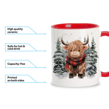Hyturtle Winter Highland Cow Coffee Mug - Birthday Christmas Gifts For Highland Cow Lovers - Cute Animal Gifts For Women - Animal Lover Gift Ideas 11oz Two Tone Color Red/White Ceramic Tea Mug Cup