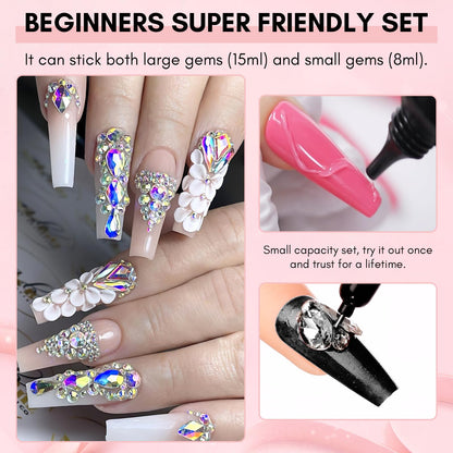 Makartt Nail Rhinestone Glue Set - Gel Nail Glue for Rhinestones, 3D Art Design Super Strong Adhesive for Charm Gems Jewel Crystal Beads Diamonds, 15ml & 8ml, Easy Use, Cured Need