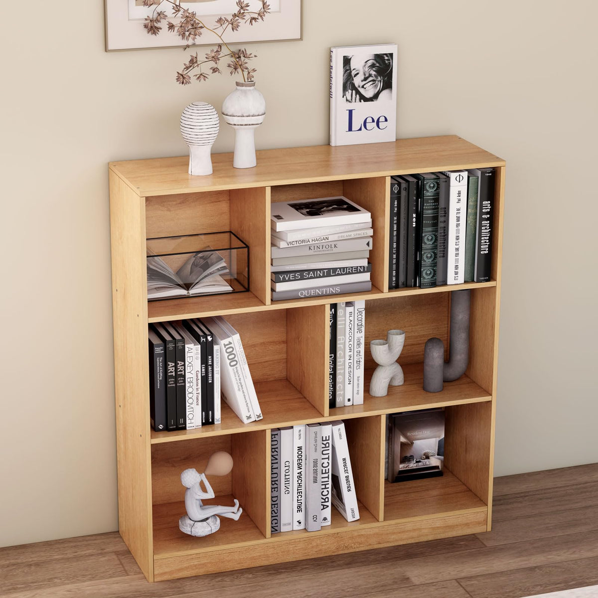 NewBeth 8-Cube Wooden Bookshelf with Base,3-Tier Freestanding Open Storage Organizer,Multi-Functional Bookcase for Living Room,Bedroom,Study and Office (Oak, 8-Cube)
