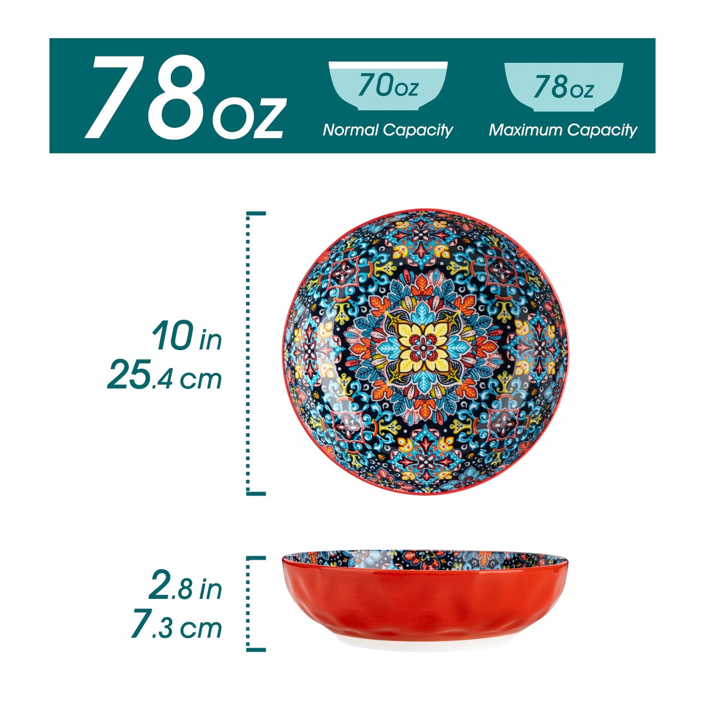 vancasso Large Serving Bowls, 78 Oz Extra Large Salad Bowls Set of 2, Bohemian Decorative Bowls for Salad, Fruit, Pasta and Dinner, Serving Dishes Set for Party, Dishwasher & Microwave Safe－Red