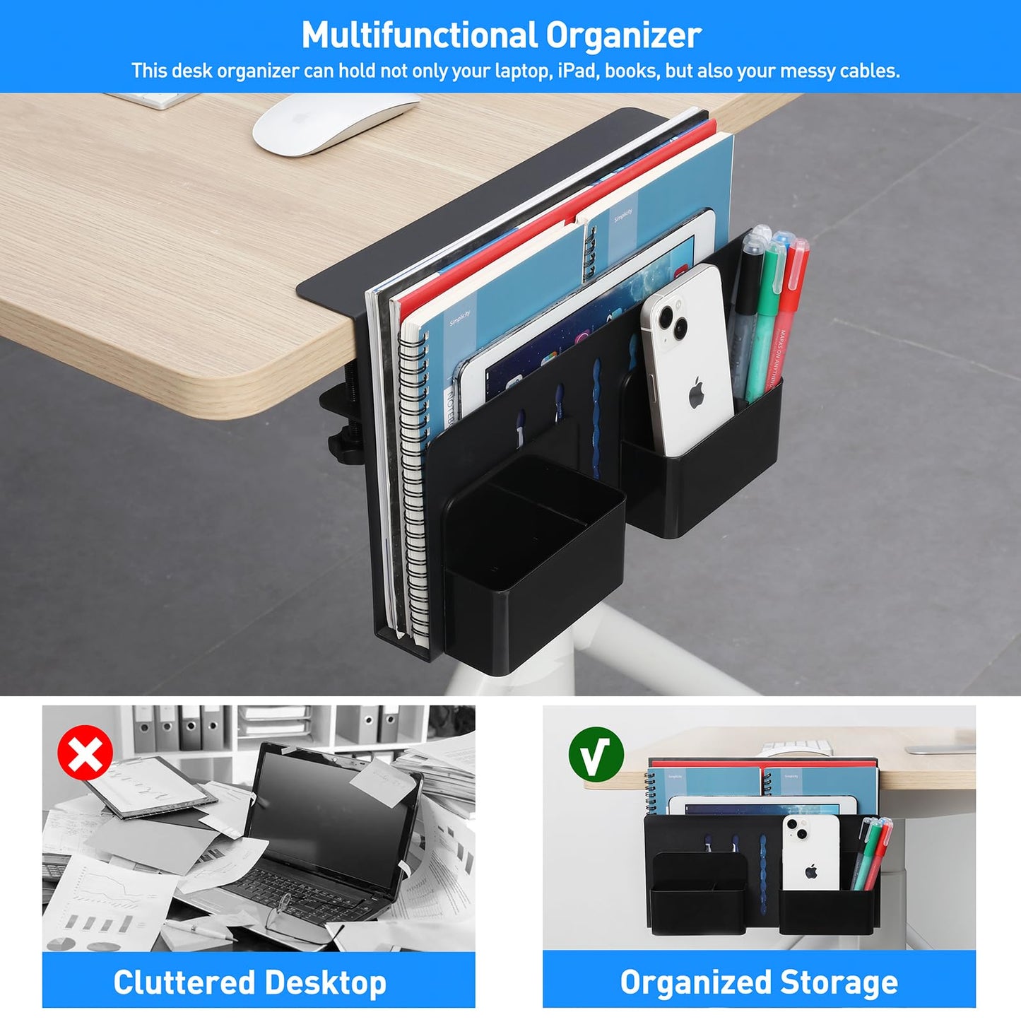 MAXECHO Desk Side Storage, Under Desk Laptop Mount, Table Side Hanging File Organizer, No Drill Clamp On Cable Management Tray, Laptop Holder with Magnetic Pen Holder for Office and Home, Load 22 Lbs