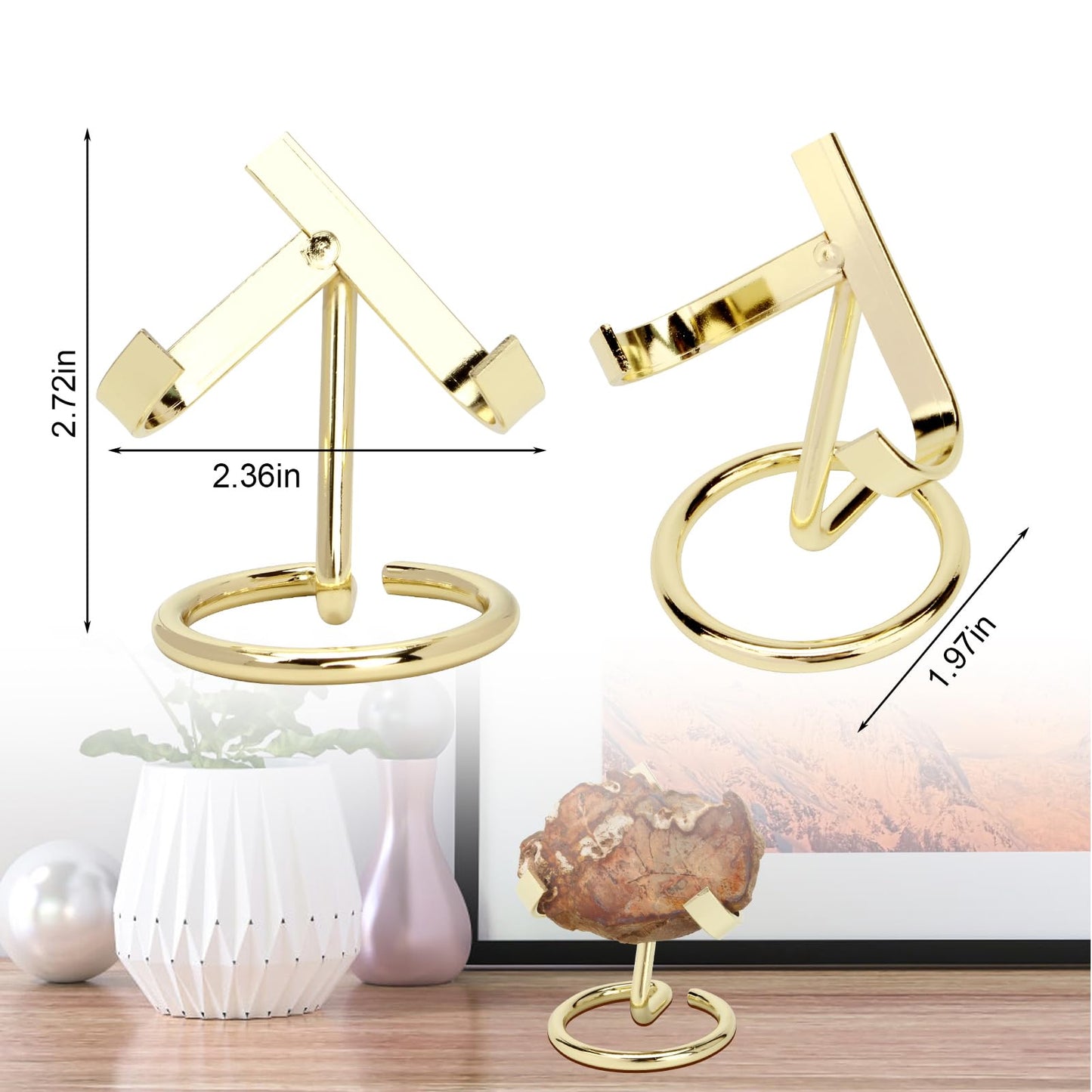 KCGANI 4 Pcs Metal Crystal Display Shelf, Rock Display Stands Crystal Holder Heart, Golden Display Stand for Mineral Gemstone Agate Fossil Coral Jewelry Showcasing for Home Shop Office Use