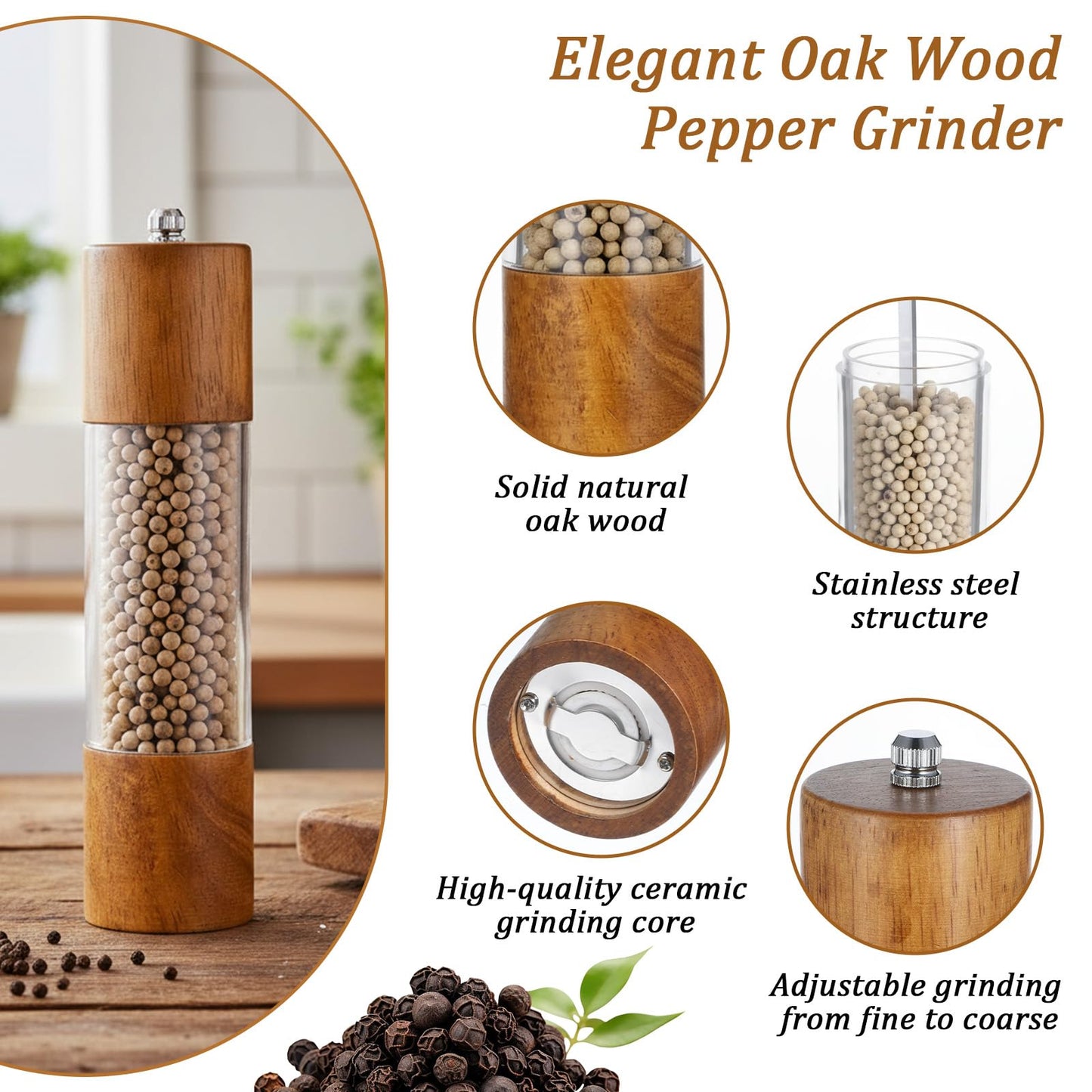 KongTiva 2 Pack 8 Inch Premium Acrylic Salt and Pepper Grinder Set, Manual Salt and Pepper Mills Wooden Shakers with Adjustable Coarseness Ceramic Core