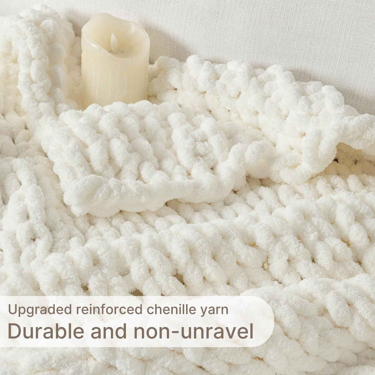 LAST MODA Chunky Knit Blanket Throw, 100% Hand Knit Throw Blanket Handmade Chenille Cable Knit Throw for Couch, Stylish Cozy Soft Rope Knot Crochet Blanket for Home Decor, Ivory, 50x60 Inches
