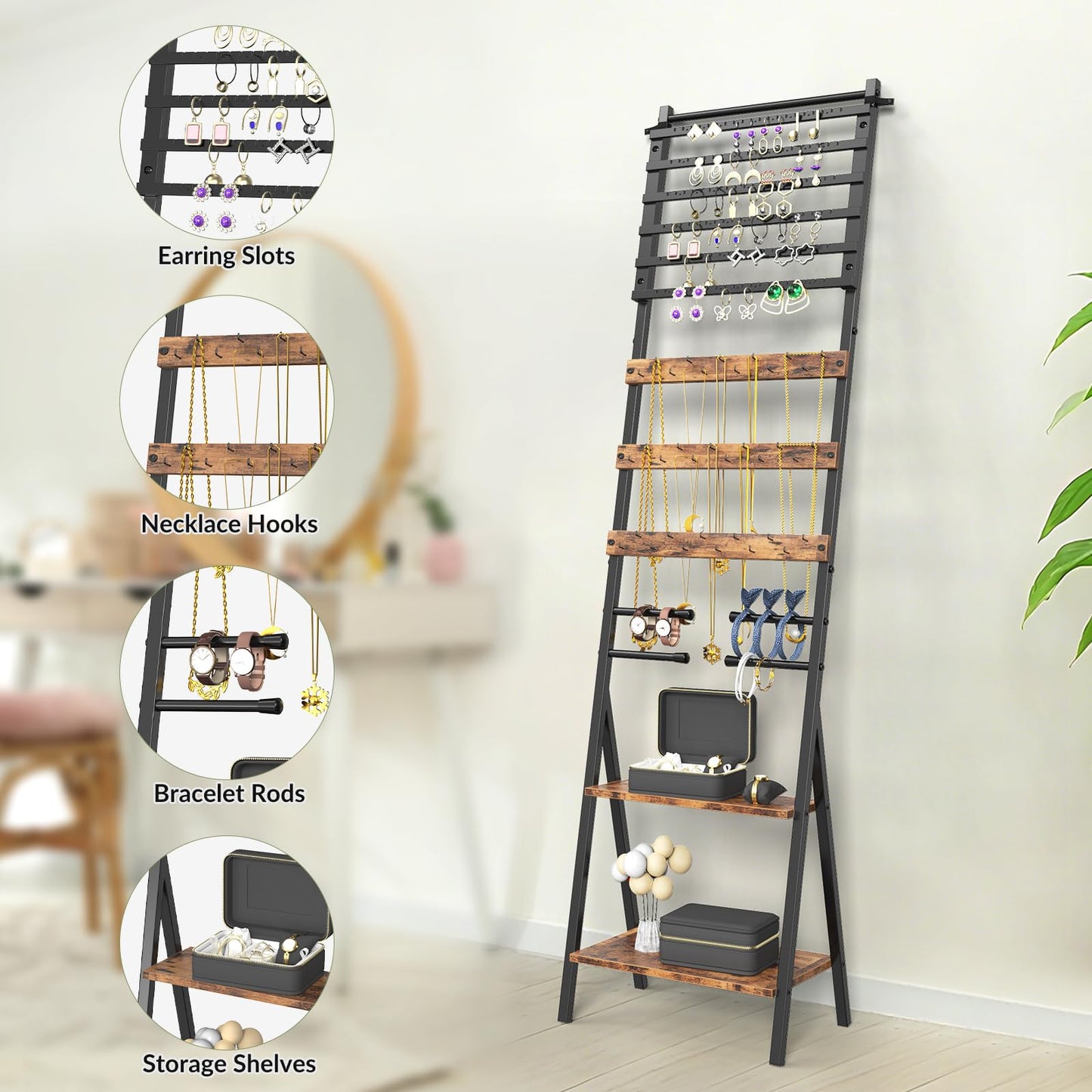 NOVIMANGO Jewelry Stand Floor Standing Jewelry Holder Organizer Jewelry Organizer Stand with Necklace Holder Earring Organizer Freestanding Jewelry Armoire for Watches, Rings, Bangle