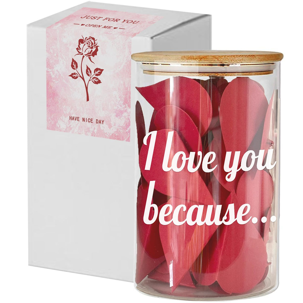 new I Love You Because Jar, Love Notes Jar with 50 Red Heart Shape Note, Gifts for Girlfriend Boyfriend Birthday, Love Message In The Bottle for Mom Dad,Newlywed Gifts for the Couple (love)