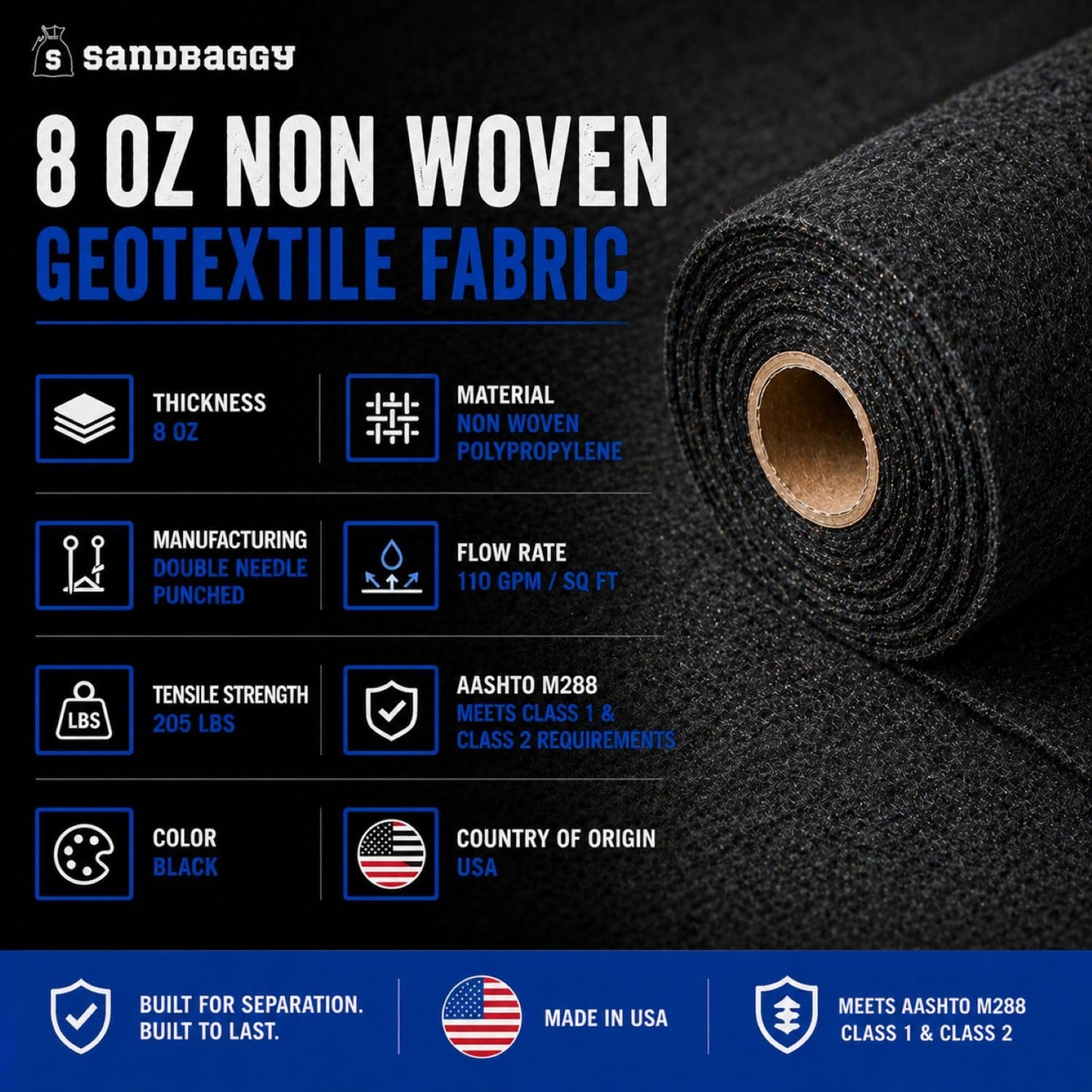 Soil Separation Fabric | Non-Woven Geotextile Filter Fabric (8 oz) – Drainage & Filter Barrier Fabric for French Drains & Trenches | USA Made - Sandbaggy (3 ft x 100 ft Roll)