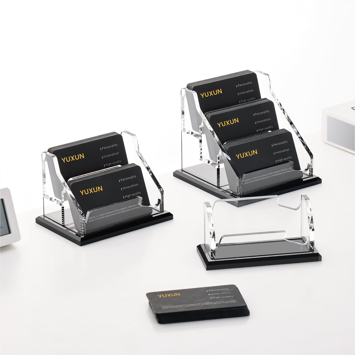 YUXUN Black Business Card Holder for Desk-3 Tier 3 Slot, Acrylic Business Card Holder for Women Men, 100+ Business Cards Display Stand, Multiple Business Card Display for Exhibition, Home, Office