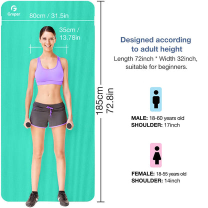 Yoga Mat Non Slip NBR Thick Yoga Mat, 72"L x 32"/24"W x 0.6"/0.4"TH (185cm x 80cm/61cm x 15mm/10mm), Anti-Tear Exercise Mat with Carrying Strap and Bag, Workout Mats for Yoga, Pilates, Floor Exercises