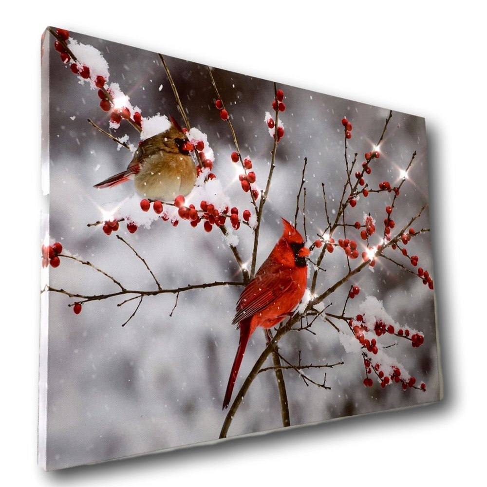 BANBERRY DESIGNS Lighted Cardinals in the Snow Canvas Print - LED Picture with Cardinal Couple and Holiday Berries - Measures 11.75" X 15.75"