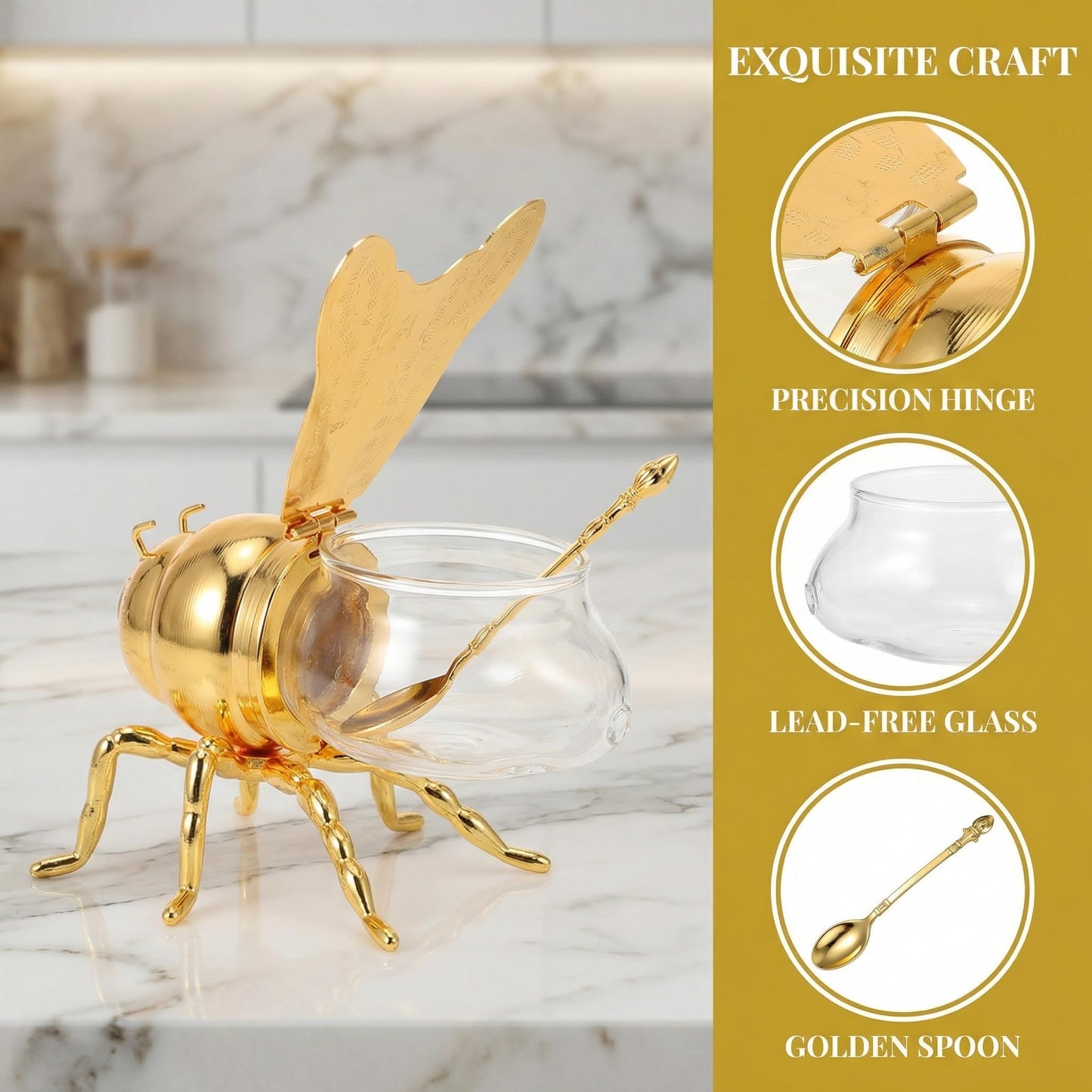 Cabilock Metal Honey Bee Sugar Salt Jar with Spoon European Style Condiment Container with Lid for Kitchen Countertop Spice Storage 5 5 Inch X 3 8 Inch