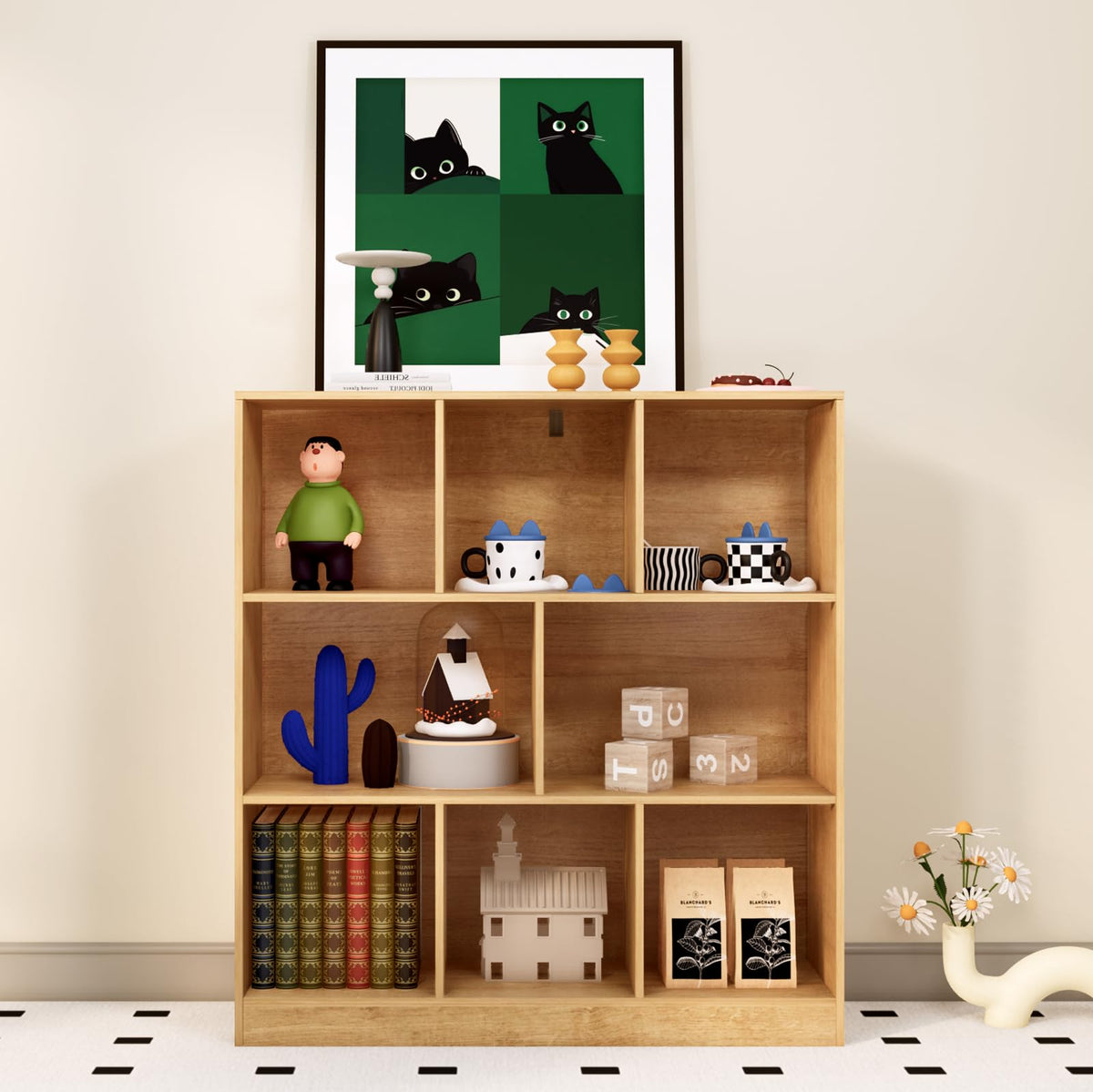 NewBeth 8-Cube Wooden Bookshelf with Base,3-Tier Freestanding Open Storage Organizer,Multi-Functional Bookcase for Living Room,Bedroom,Study and Office (Oak, 8-Cube)