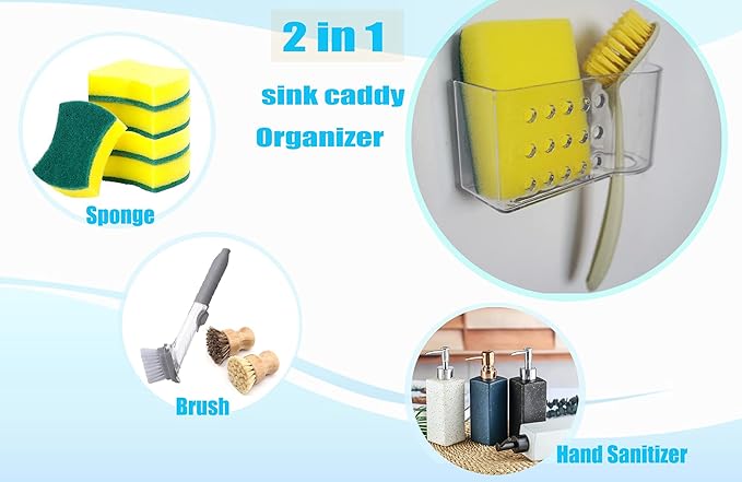 AMUONTY Sponge Holder for Kitchen Sink Suction, Plastic Sink Brush Sponge Caddy