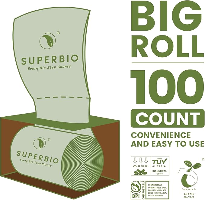 SUPERBIO 2.6 Gallon Flat Top Compostable Food Waste Bags, 2 Pack, Food Scrap