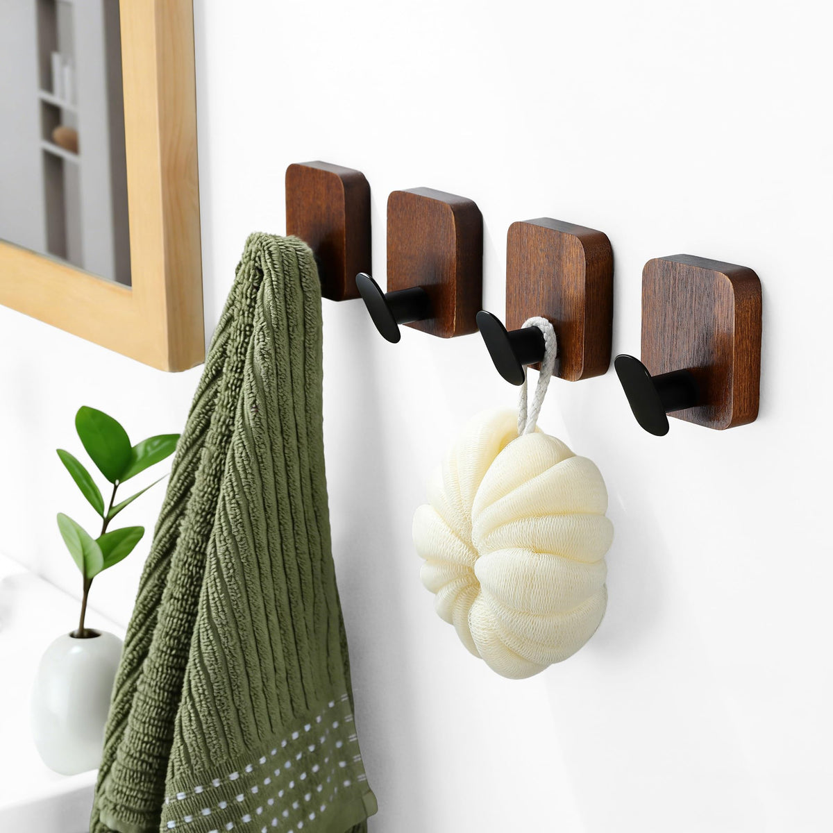 DELITON Wooden Wall Hooks, 4 Pack Acacia Adhesive Towel Hooks Sticky on Bathrooms, Kitchen, Entryway, Heavy Duty, Wall Decor