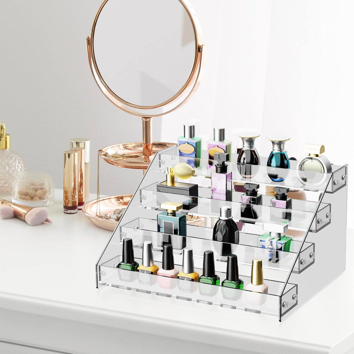 HUITAI Acrylic Display Shelf,Risers Display Stands,Perfume Organizer,Cupcake Stand,Tiered Display Stand,Sticker Display,Card Stands For Display,Card Display Stand,Figure Display，Spice Rack(5 Tier)