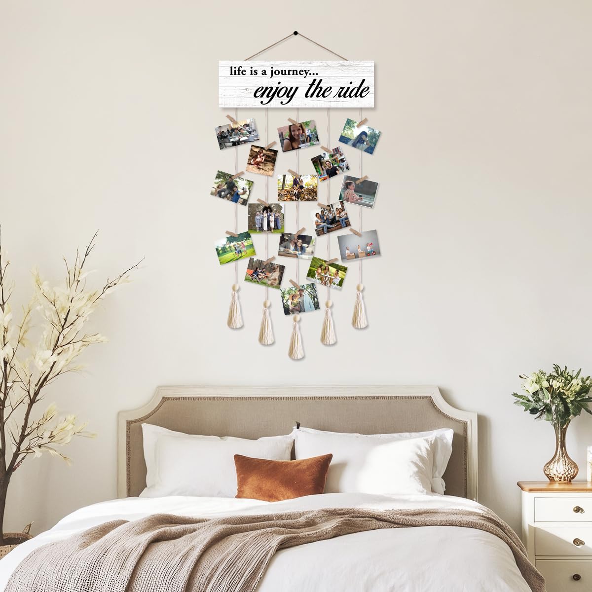 Gwisml Hanging Photo Display with 16 Clips 5 Strings,Rustic Style Picture Collage Frames Wall Decor Wood Hanging for Home Living Room Décor,Housewarming Gifts,Life is A Journey Enjoy The Ride