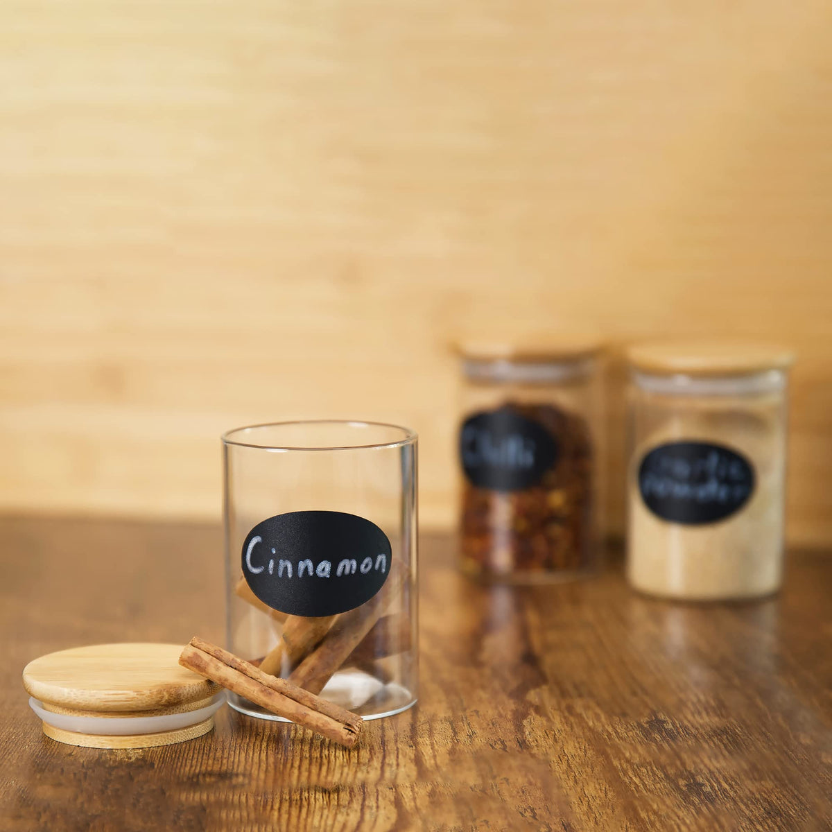 PreZervers 12 pcs Spice Jars | Glass Jar Bamboo Lids Food Storage Containers 7oz Glass Jar | Includes Pen and Decorative Labels | Dozen Spice Jars | Tea, Sugar, Salt, Herbs | Bonus Item