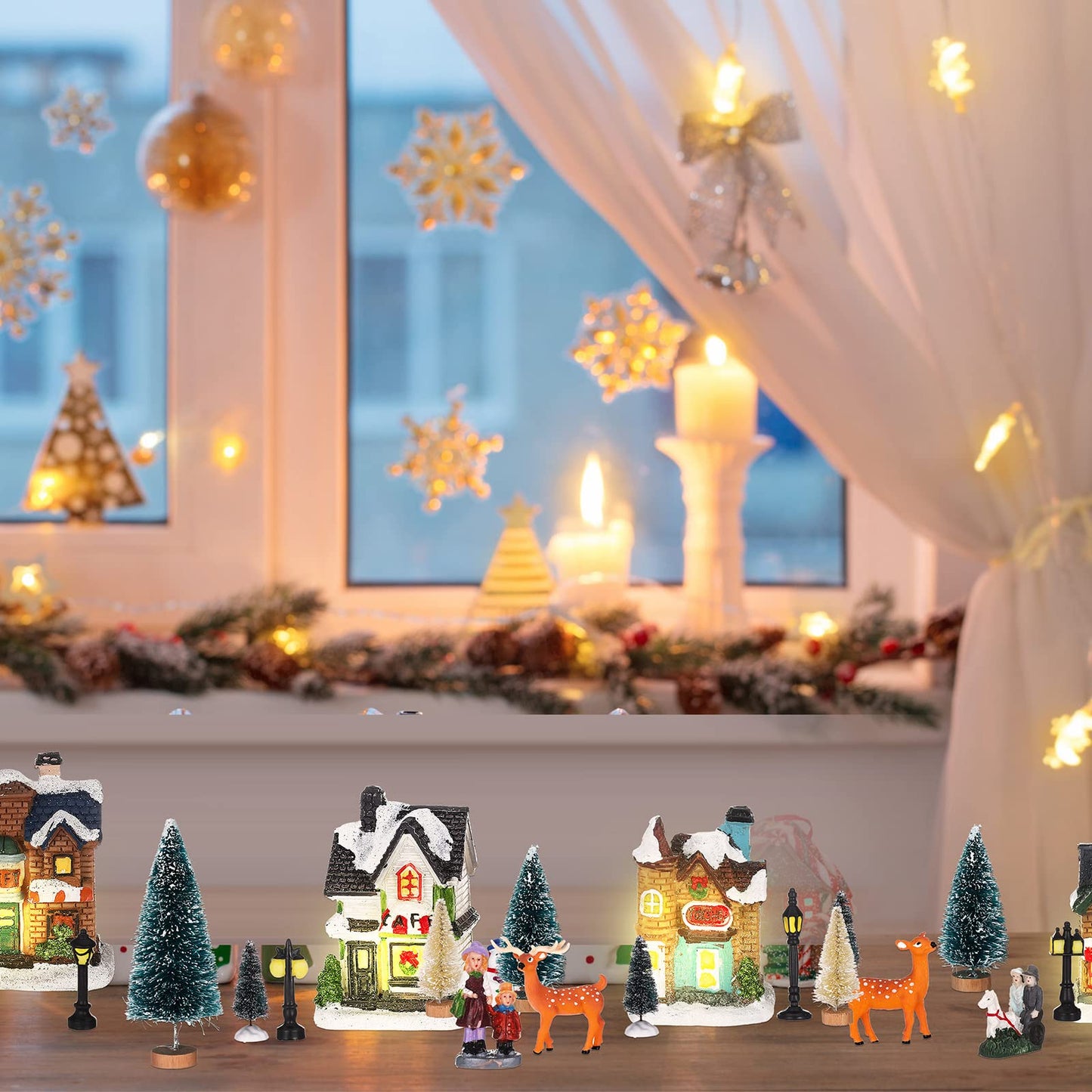 Gerrii 31 Pcs Christmas Village Figurines Decoration Set Lighted LED Christmas Village Houses with Figurines Snow Blanket Roll for Xmas Town Scene Desk Battery Operated Landscape Decor(Santa)