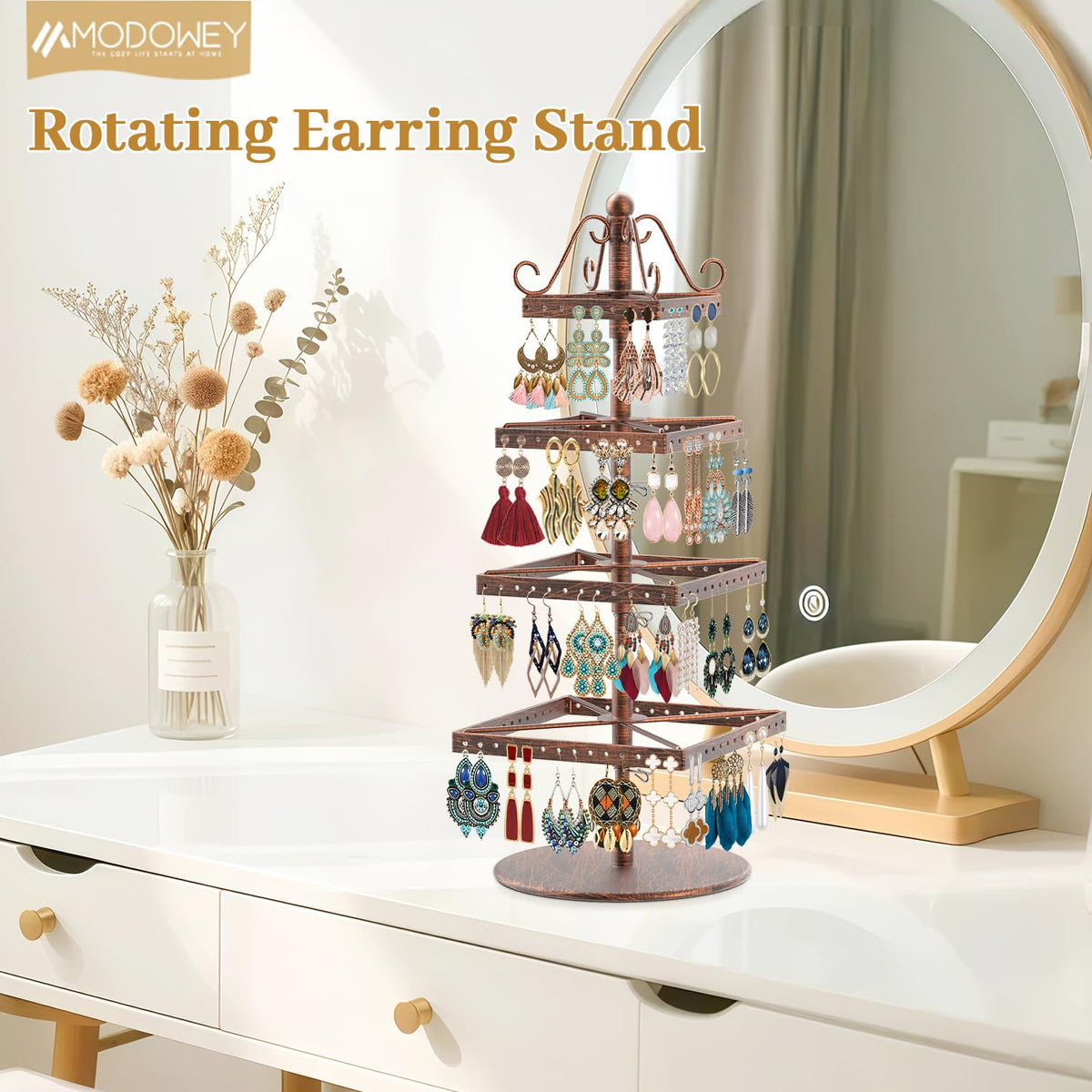 MODOWEY Rotating Earring Holder Organizer Stand, 4 Tier Adjustable Metal Display Tree, 176 Holes Earing Rack for Pierced Stud Dangle Hoop Storage, Space-Saving Jewelry Hanger Tower for Women, Bronze