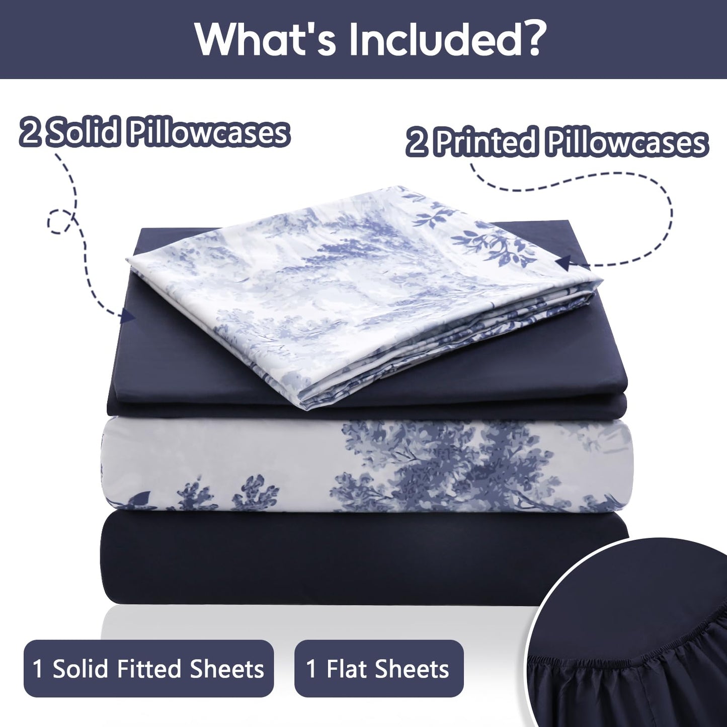 LONAVA Botaincal King Size 6 Pcs Sheet Set, Breathable Microfiber Deep Pocket Navy Fitted Sheets, Comfy & Breathable Patterned Flat Sheets,4 Gentle Soft Pillowcases, Blue Forest