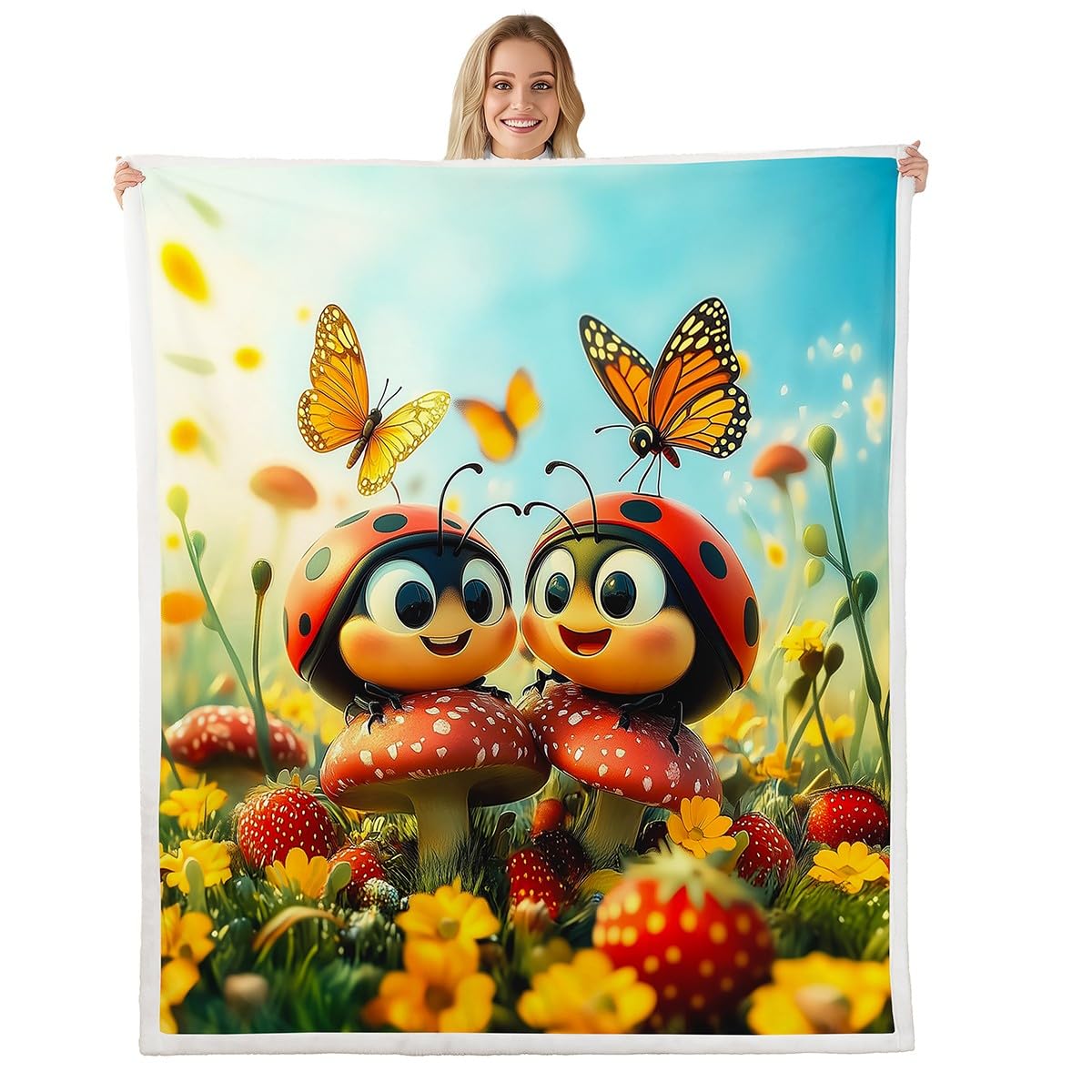 Erosebridal Cute Ladybugs Throw Bed Blanket Throw 50"X60" for Kids Boys Girls,Cartoon Ladybird Animal Fleece Blankets Kawaii Reptile Rustic Sherpa Blankets Spring Mushroom Butterfly Fuzzy Blanket