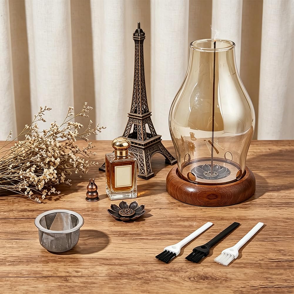 FINGERINSPIRE 1 Set Wood Glass Lotus Candle Holder 2Pcs Lotus Incense Holders 1Pc Gourd Incense Burner Meditation with 3Pcs Ash Brush Votive Stand with 1Pc Hurricane Candle Holder Brown Zen Style