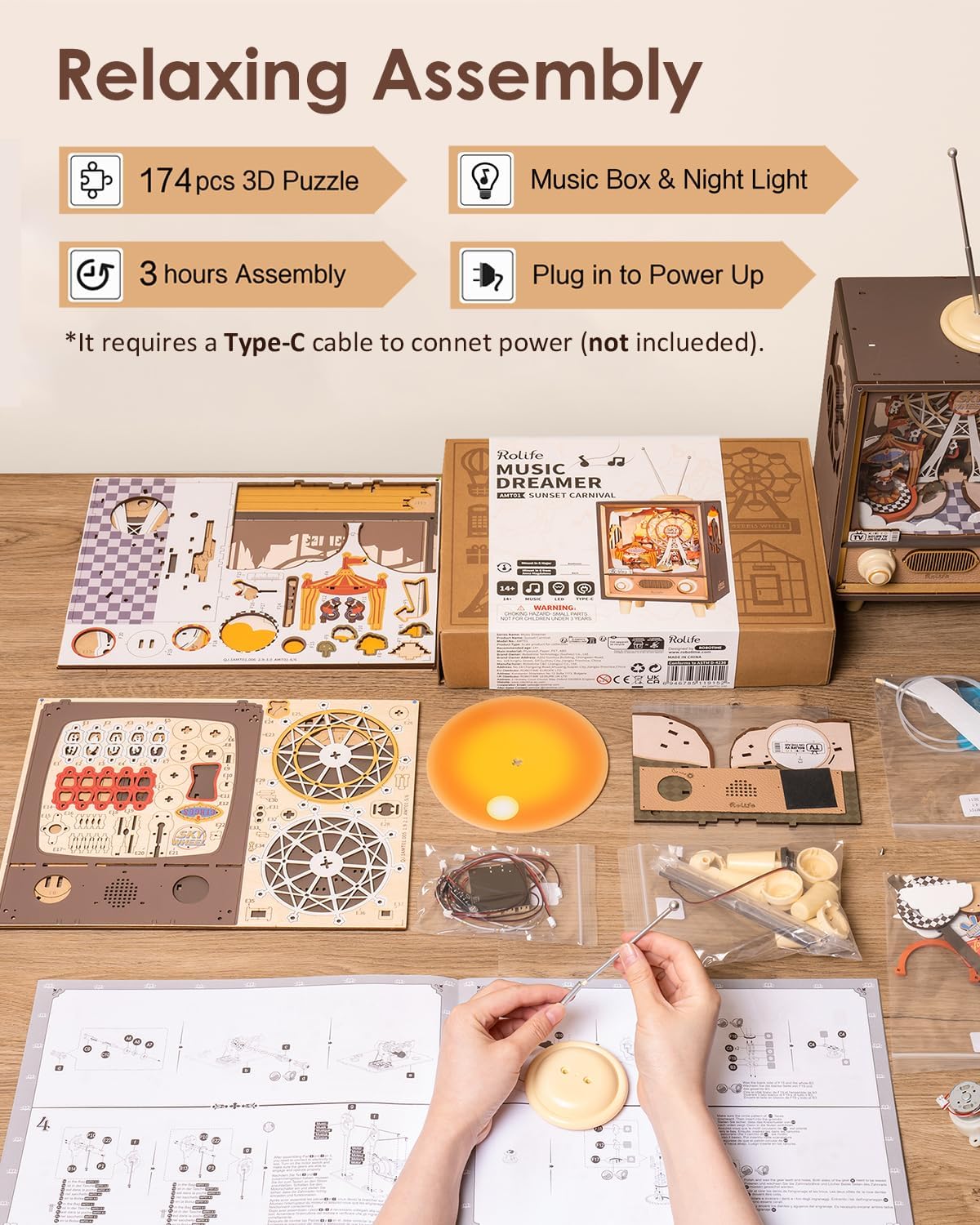 Rolife 3D Wooden Puzzles for Adults DIY Book Nook Kit 16" Ferris Wheel Music Box Model Building Set with LED Crafts for Adults Gifts for Girls Boys (Sunset Carnival)