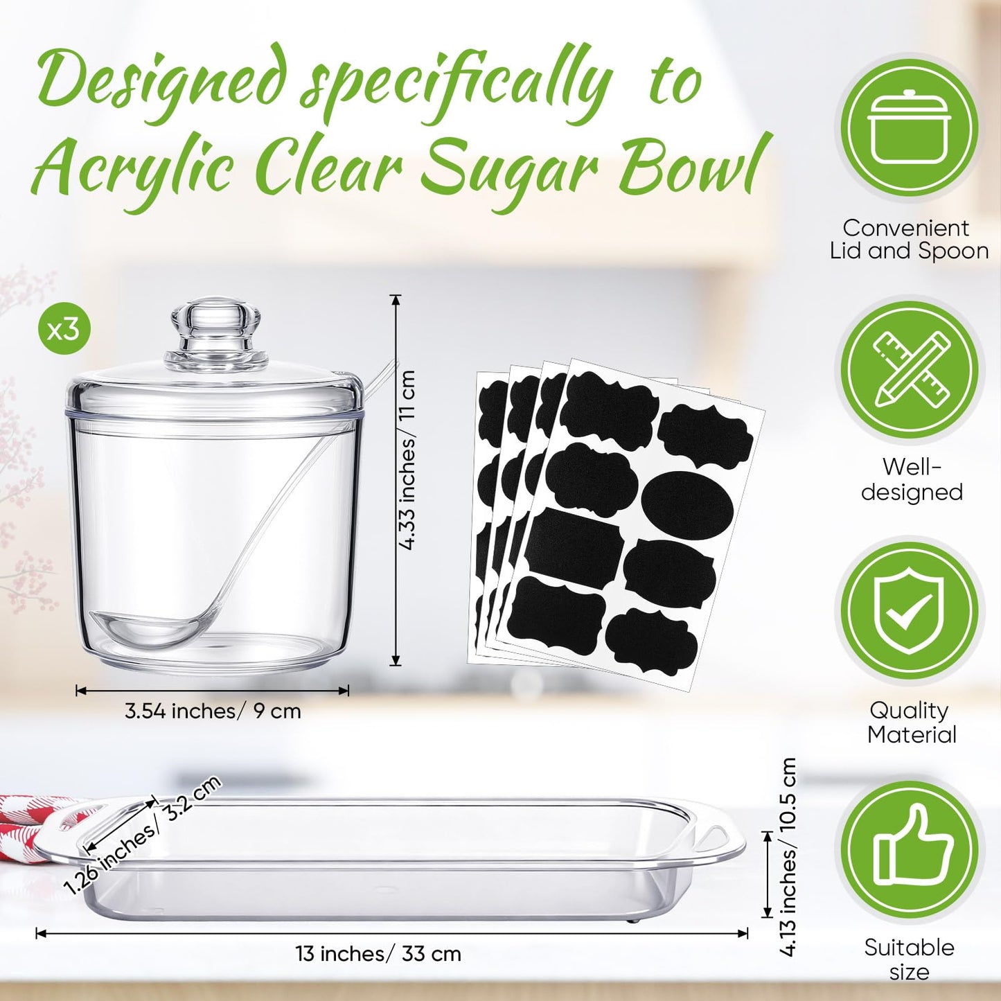 LemonRoad Set of 3 Clear Acrylic Sugar Bowl with Lid and Spoon for Coffee Bar Accessories, 7oz Tea Sugar Coffee Containers Salt Canister Spice Jars, Kitchen Seasoning Box Condiment Pots with Labels