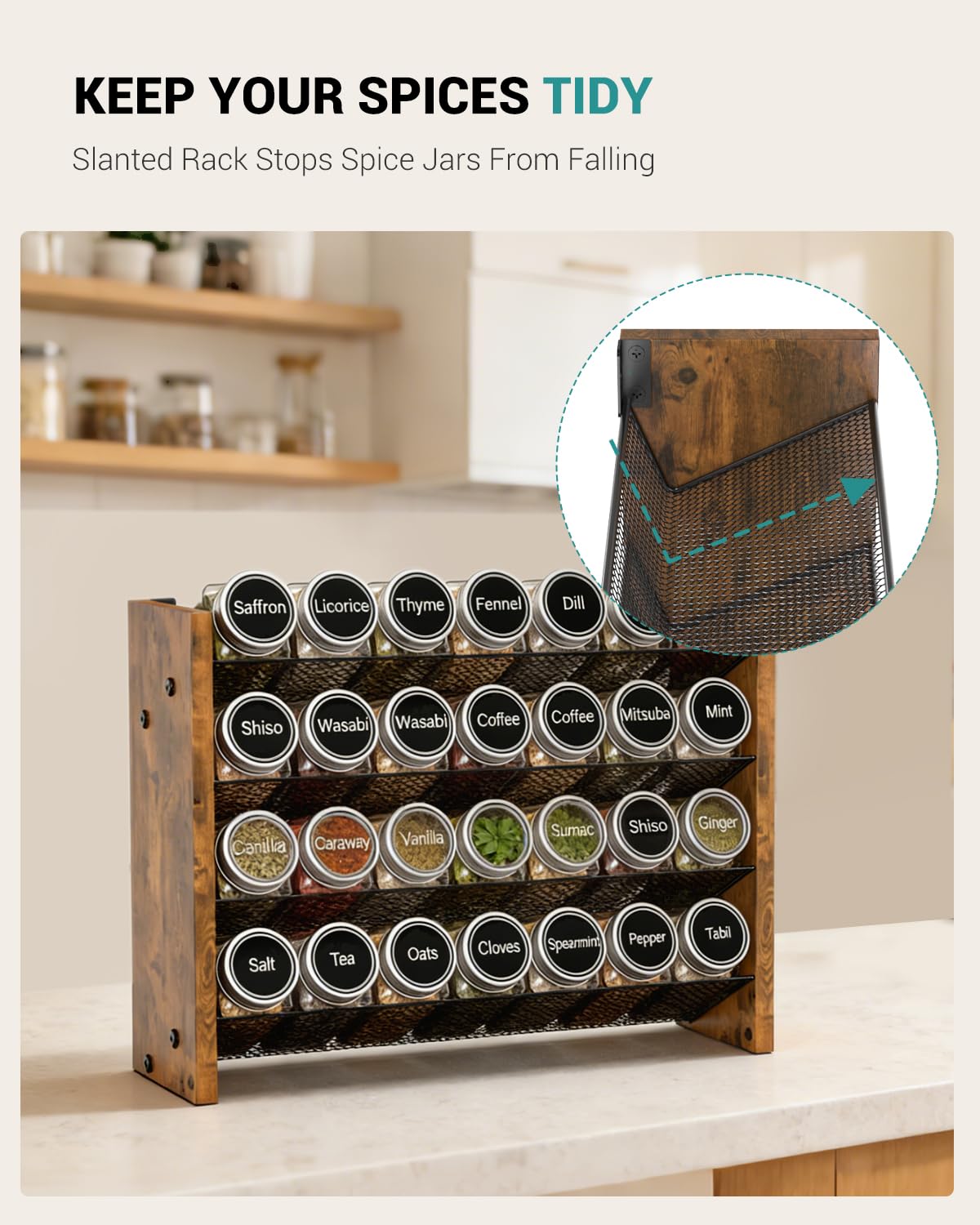NESAPTO Spice Rack Organizer for Cabinet, Wood 4-Tier Vertical Seasoning Organizer, Wall Mount or Countertop Spice Shelf, Holds 28 Jars (No Jars Included), 14" W x 9.4" H