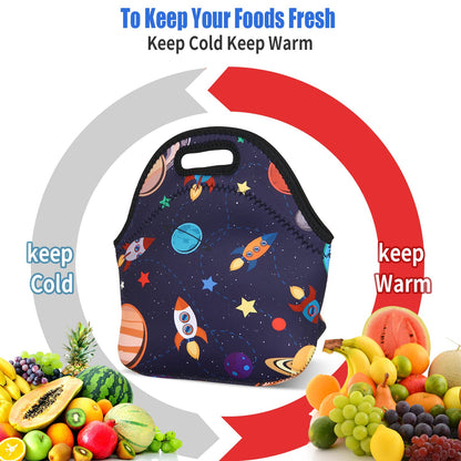 Violet Mist Women's Reusable Neoprene Lunch Bag, Space Rocket, Unisex, 11.4"L x 10.43"H x 5.51"W, 8.7 inches, fits containers up to 7"W
