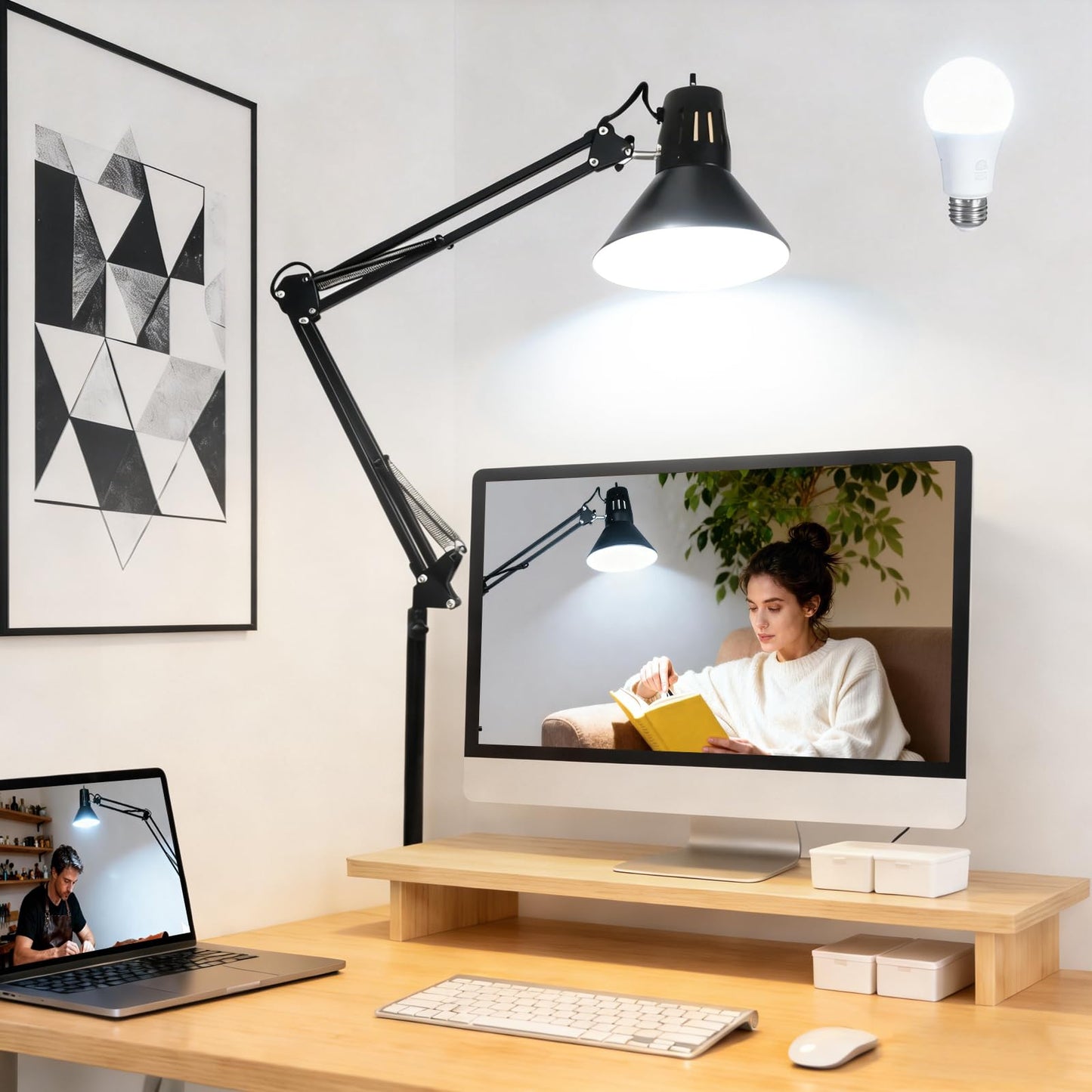 Desk Lamp With Clamp for Home Office, Eye-Caring Clip on Light with Adjustable Extra Tall Metal Swing Arm, High Intensity Clamp Lamp w/LED Bulb, Architect Task Table Lamps for Study, Workbench-B/5000k