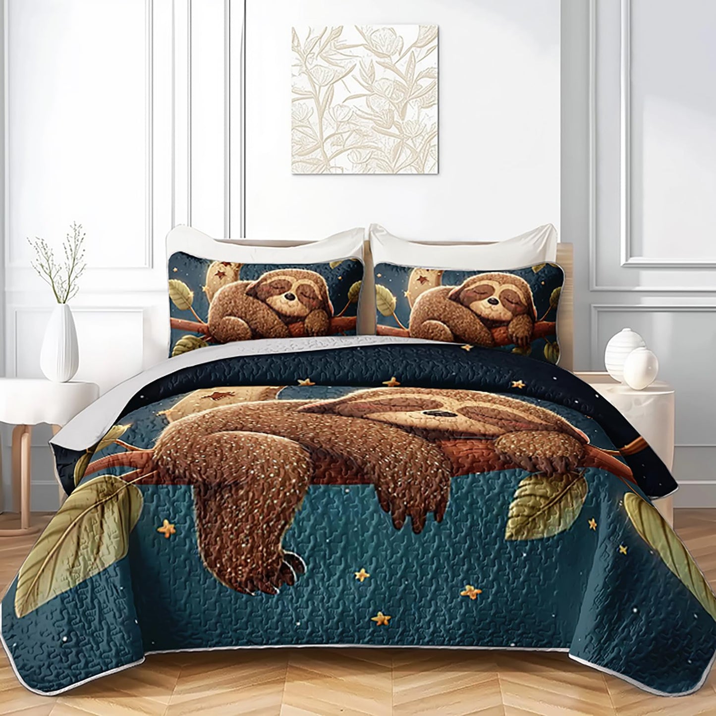 XYNHML Kawaii Brown Sloth Quilts Bedding Set Twin 3Pcs Galaxy Moon Universe Outer Space Star Quilt Bed Set Lightweight Soft Bedspread Coverlet with 2 Pillowcases for Kid Boy Girl Teen Adult Bed Decor