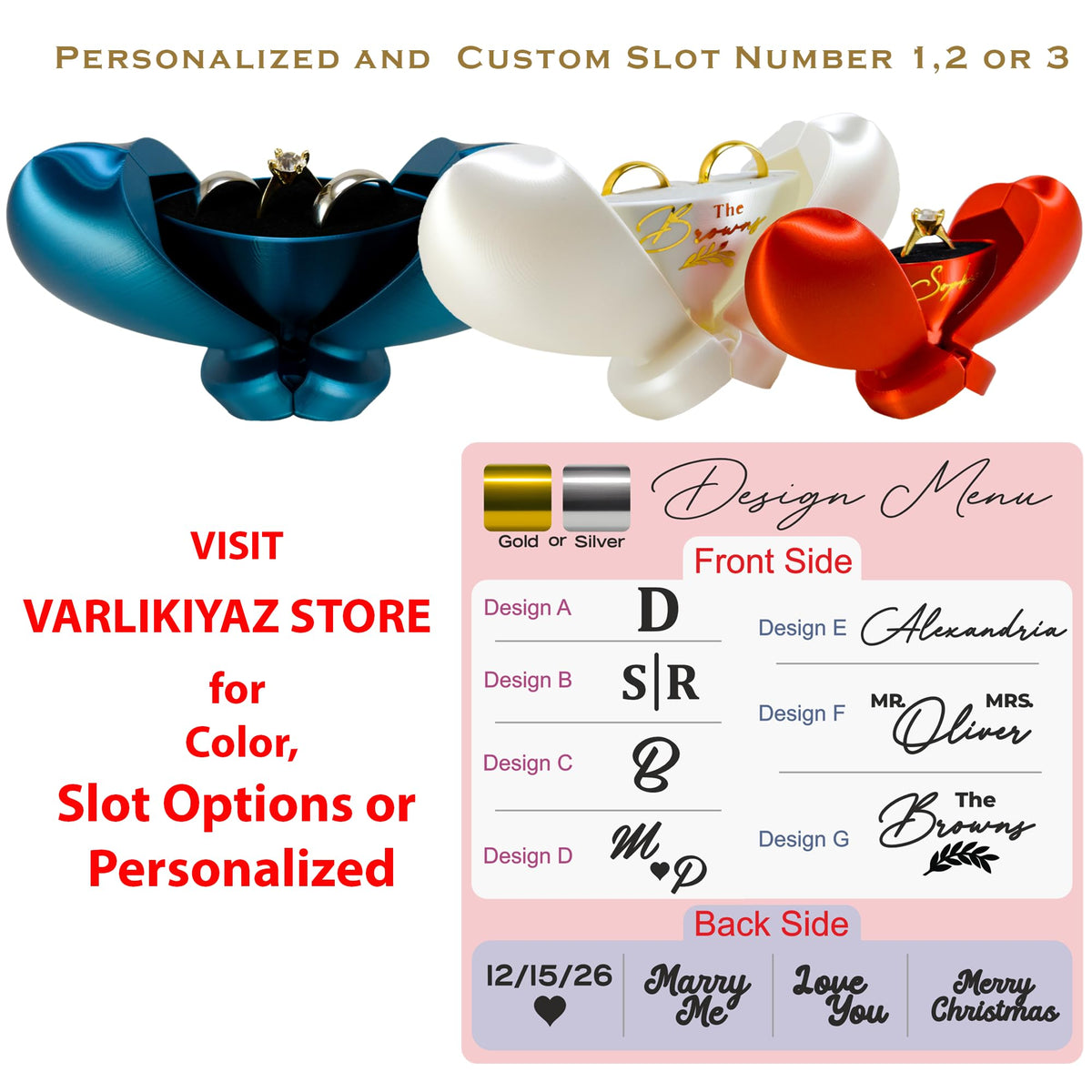 VARLIKIYAZ Engagement Ring Box for Proposal or Wedding Ceremony - Romantic Ring Gift Box - Promise Jewelry Holder - Ring Bearer Box - See “Custom” Variation for Name & Slot 1,2 or 3 (Mr and Mrs White)