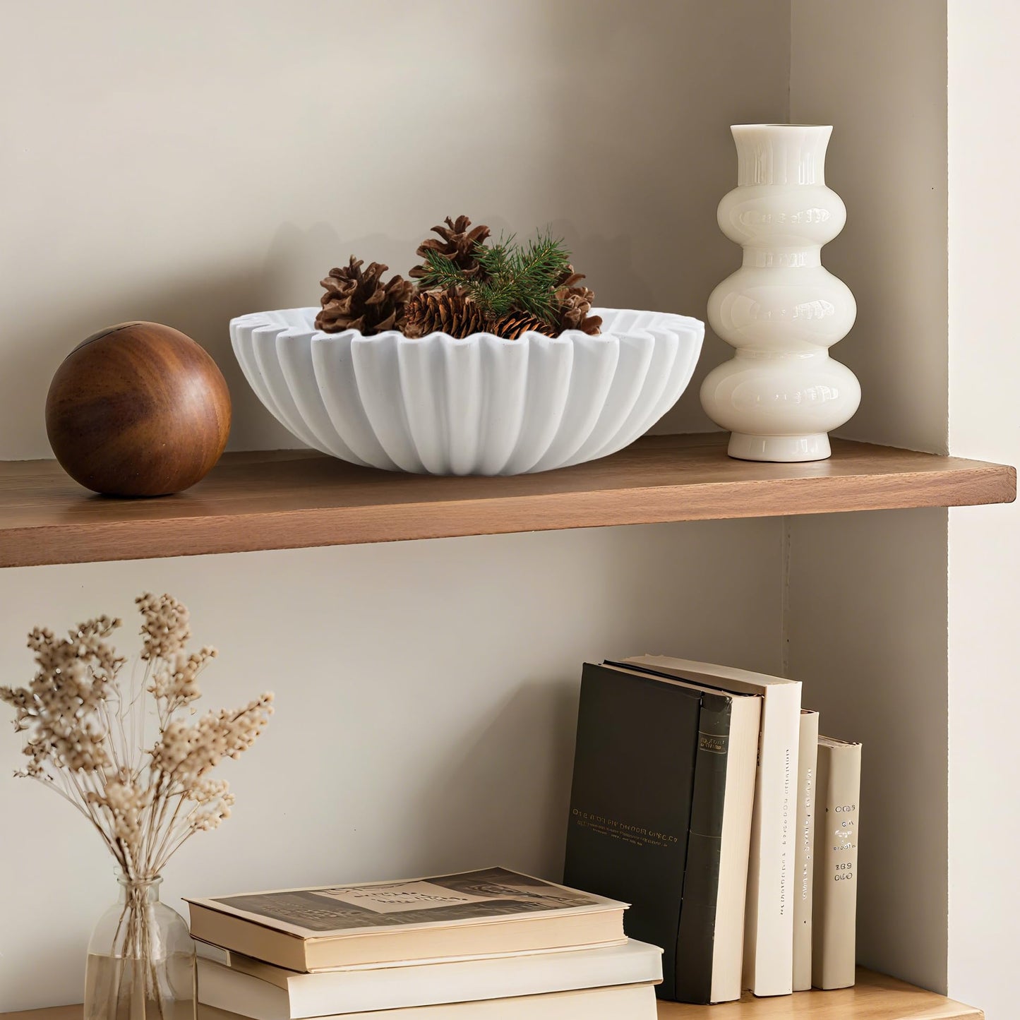 Plukers Large Modern Decorative Ruffle Bowl for Home Decor Fruit Bowl Organic Catch All Key Kitchen Entryway Shelf Coffee Table,White