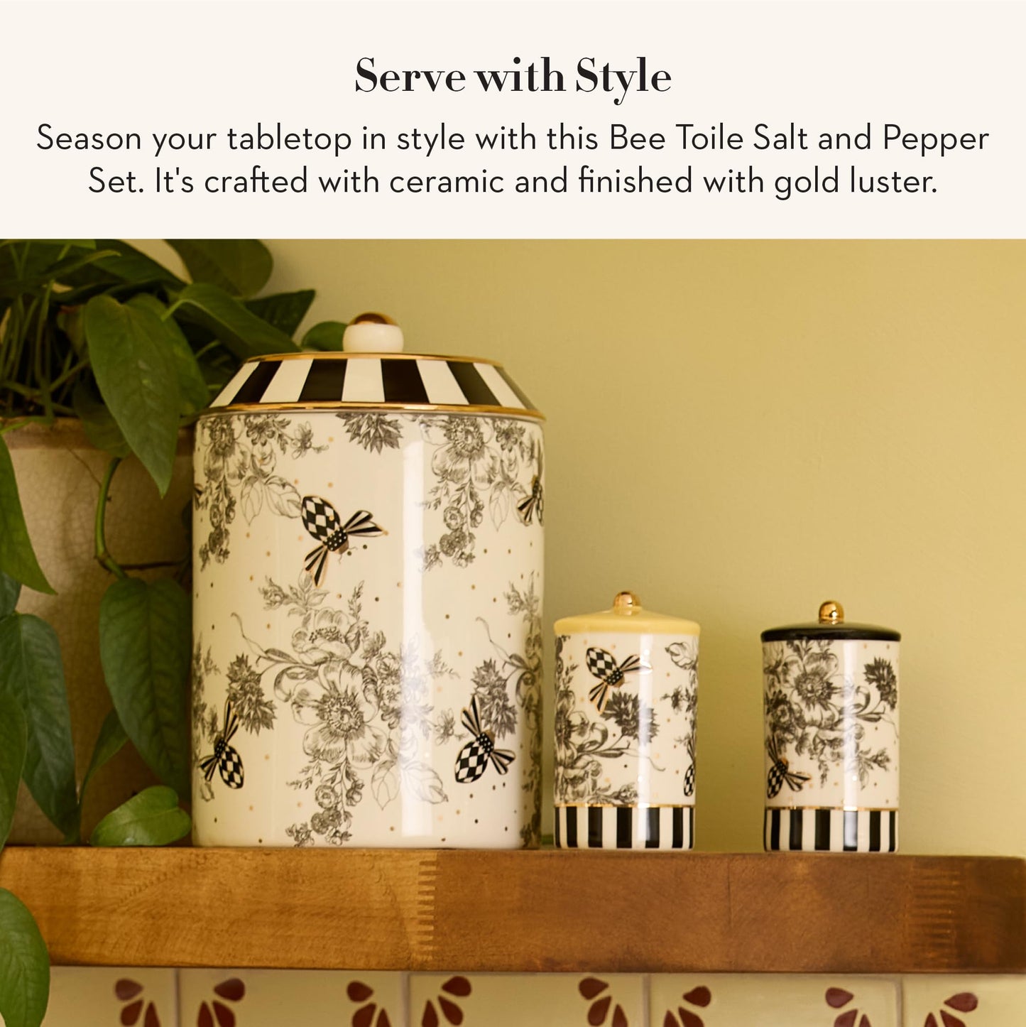 MACKENZIE-CHILDS Porcelain Salt and Pepper Shaker Set, Ceramic Salt and Pepper Holders, Bee Toile