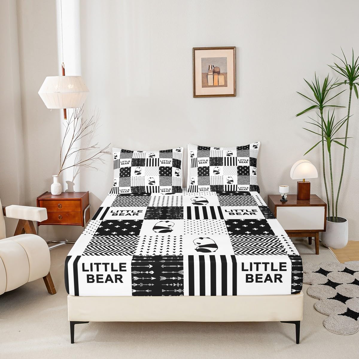 Cute Panda Kids Fitted Sheet Queen Size,Wild Animals Geometric Grids Stripes Patchwork Bedding Set,Boys Girls Adults Room Decor,Arrows Boho Bed Cover,Black White Bed Sheet,2 Pillowcases