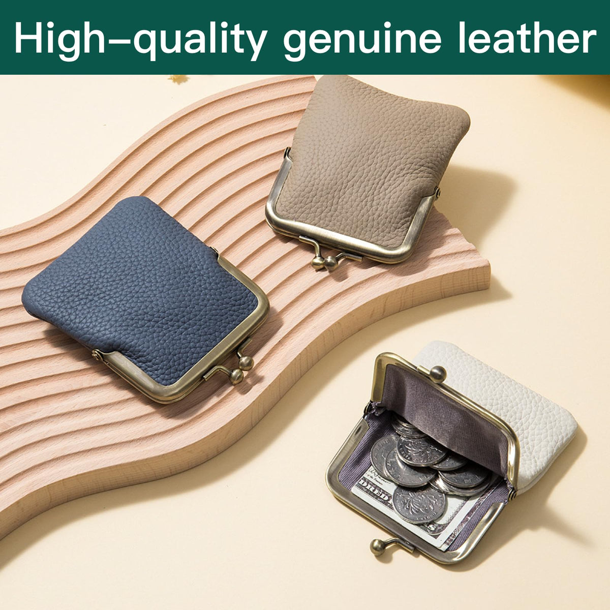 Genuine Leather Kiss Lock Coin Purse, Mini Wallet with Metal Clasp Frame, Small Change Holder，gift for women men (White)