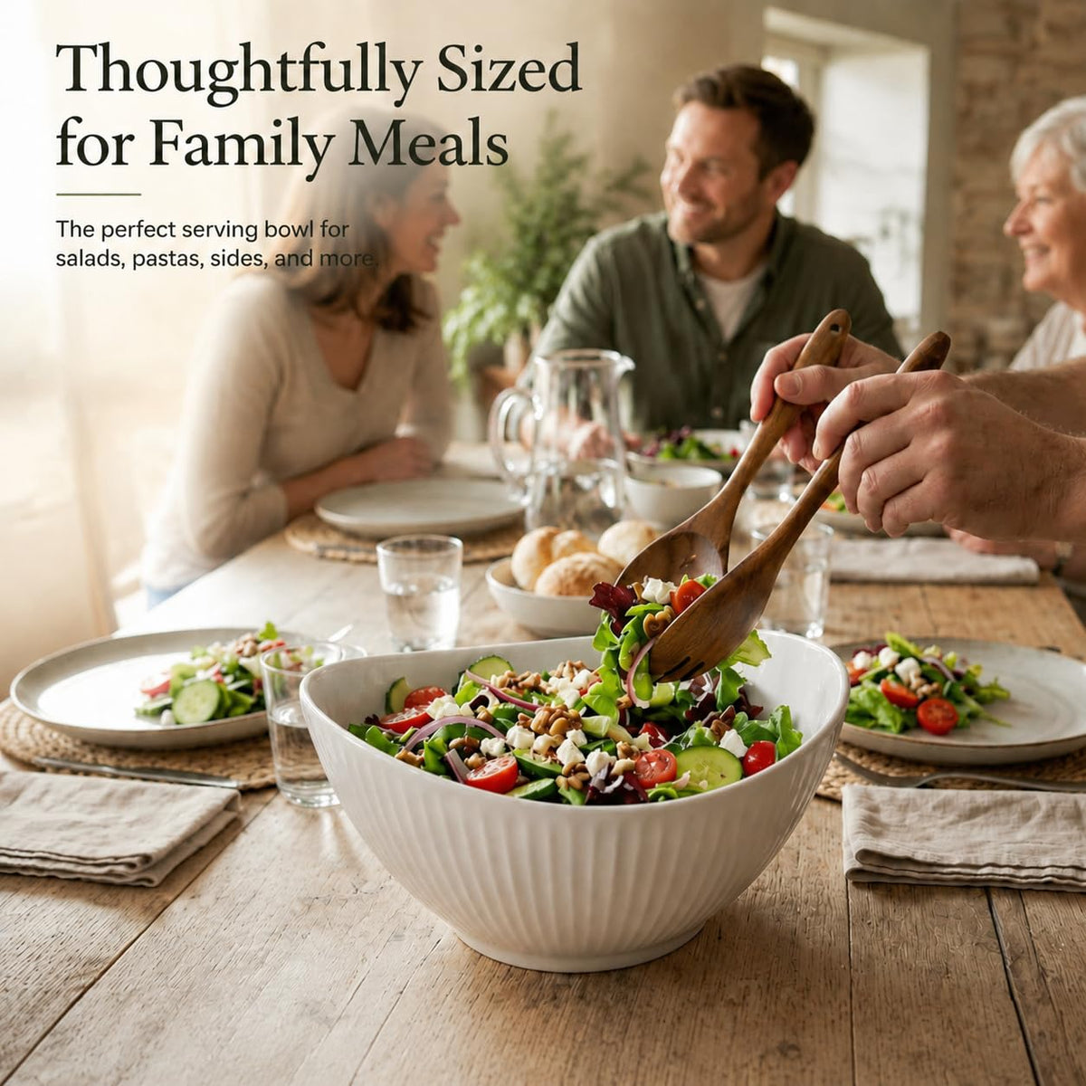 Hoilse 60oz Large Ceramic Salad Bowl with Acacia Wood Utensils, 10" Oval White Serving Bowl for Soup, Pasta, Fruit, Snacks – Mixing Bowls for Entertaining, Party, Kitchen, Dinner – Housewarming Gift